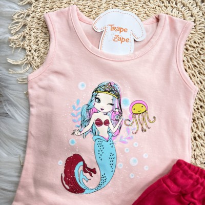 Conj. Regata Sereia e Short em Moletinho - Rose e Vermelho